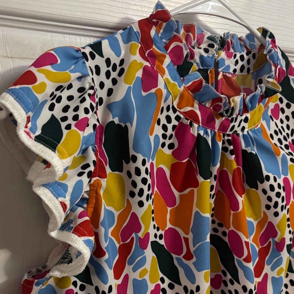 Vibrant Multicolor Ruffle Neck Flutter Sleeve Top - Picture 3 of 7